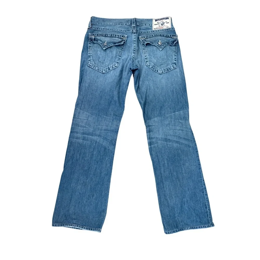 True Religion Straight Leg Jeans Mens 34 Blue Distressed Denim Flap Pockets